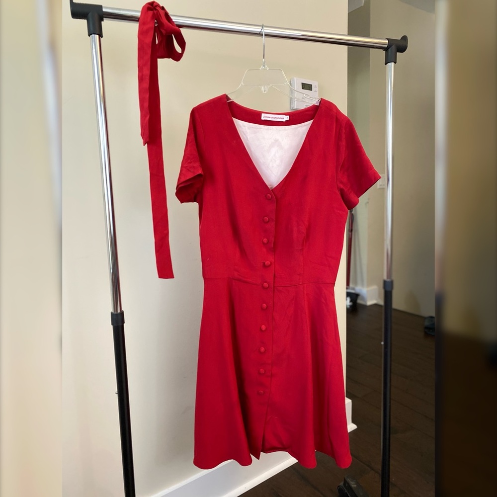 L’école Des Femmes Designer Little Red Dress Button Up 100% Crepe Silk - Picture 3 of 6